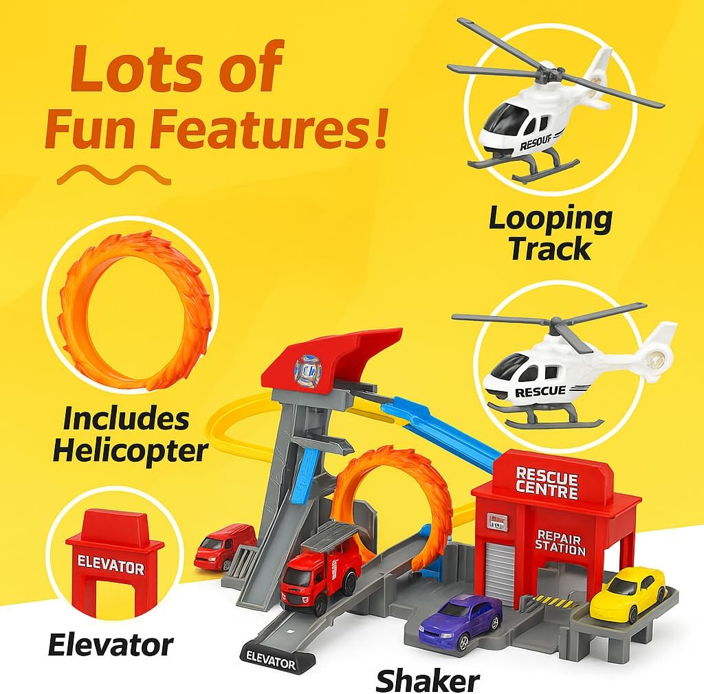 Adventure Rollo Coaster Theme Park Playset with Car Crane, Slide, Stunt Loop, and 4 Die Cast Cars