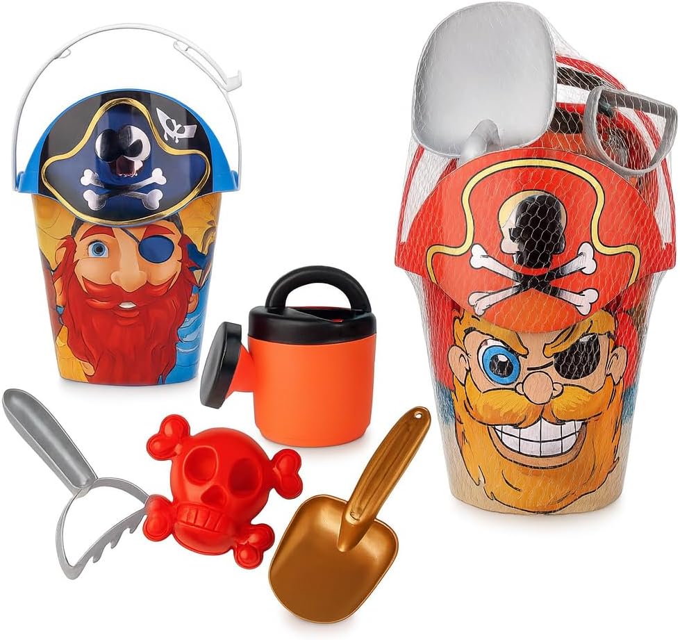 96 Pieces Plastic Pirate Sand Toy Playsets with Bucket (Shovel – Watering Can – and Moulds Cool Pirate Design)