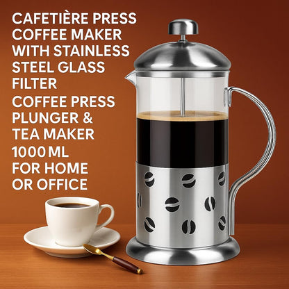 Cafetiere Press Coffee Maker with Stainless Steel Glass Filter, Coffee Press Plunger & Tea Maker, 1000ml, for Home or Office