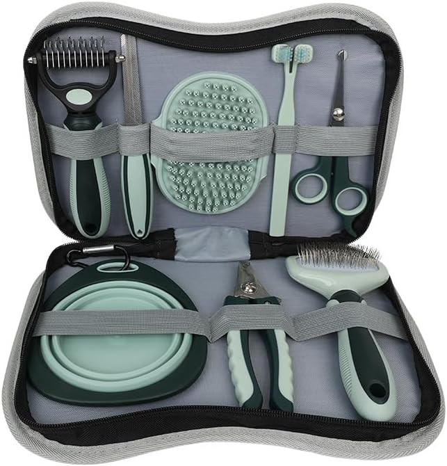 60 Pieces Cat Grooming Tool sets (including Dematting rake – Nail file – Silicone bath brush – Dual-headed toothbrush – Scissors – Collapsible cat bowl – Nail clippers – and Slicker brush – Assorted Colors.)