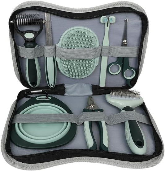 Cat Grooming Tool set, including Dematting rake, Nail file, Silicone bath brush, Dual-headed toothbrush, Scissors, Collapsible cat bowl, Nail clippers, and Slicker brush, Assorted Colors.
