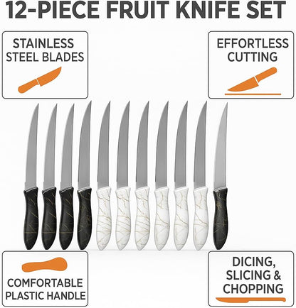 12-Piece Stainless Steel Fruit Knife Set – Sharp Blades with Comfortable Plastic Handle for Effortless Cutting, Dicing, Slicing, and Chopping