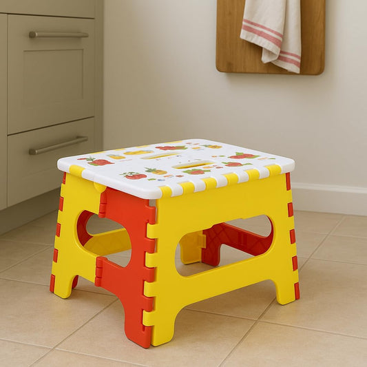 Folding Step Stool for Children & Adults - Lightweight, Multifunctional Plastic Design in Red, Portable and Durable for Kitchen, Bathroom, and Outdoor Use