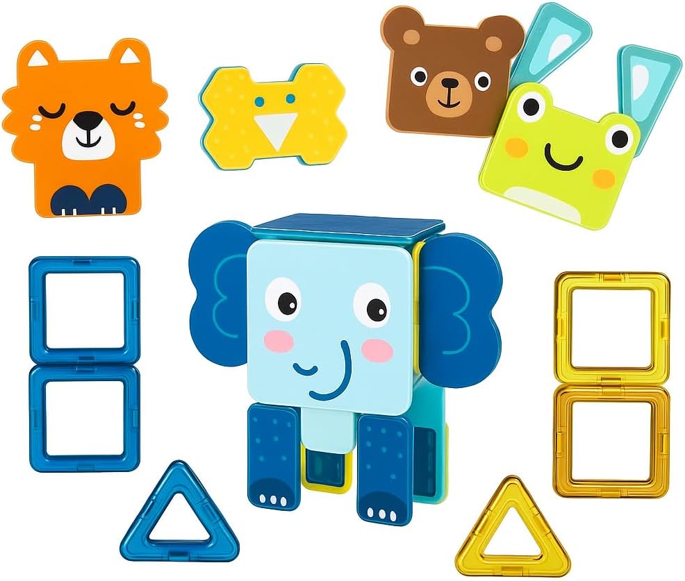 72 Pieces Stem Animals Magnetic Tiles Building Blocks Set 35 Pieces With Dog (Cat – Elephant – Fox – And Frog Formations)