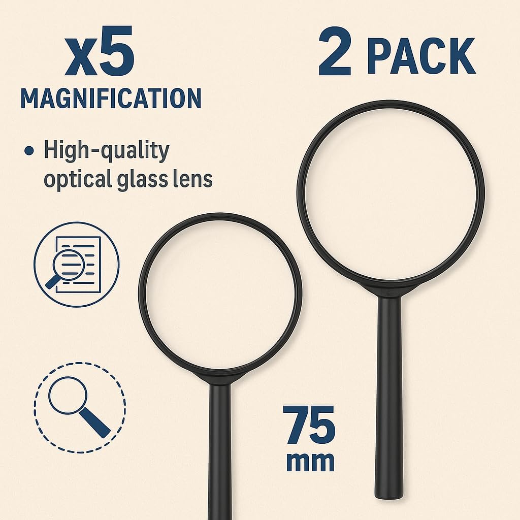 120 Pieces 2 Piece x5 Magnifying Glasses (75mm Glass & 15cm Black Handle)
