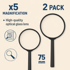 120 Pieces 2 Piece x5 Magnifying Glasses (75mm Glass & 15cm Black Handle)