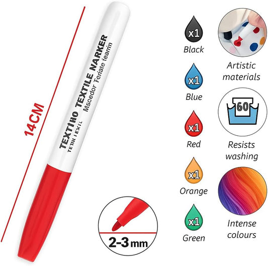 Textile Marker Set, 5 Piece Mixed Colors, 14 cm, 2-3 mm Tip for Fabric Art and Design