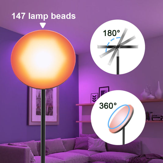 Black LED floor lamp with multicolor circular head and adjustable angles
