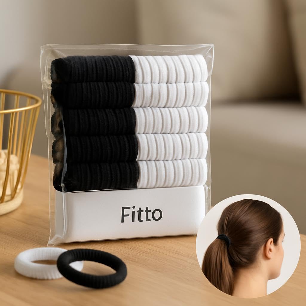 144 Pieces 60pcs Thick Seamless Cotton Hair Ties for Women (Black and White Ponytail Holders)