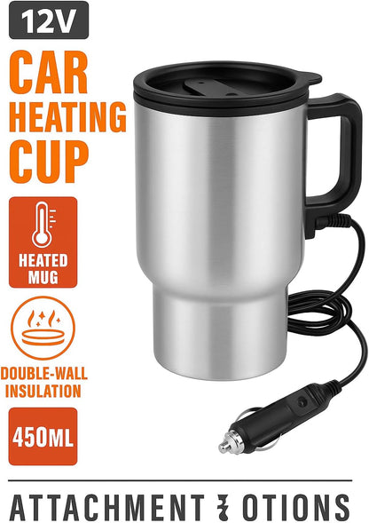 12V Car Heating Cup, Heated Mug, 450ml, Stainless Steel, Travel, Electric Coffee Cup, Insulated Thermos Mug