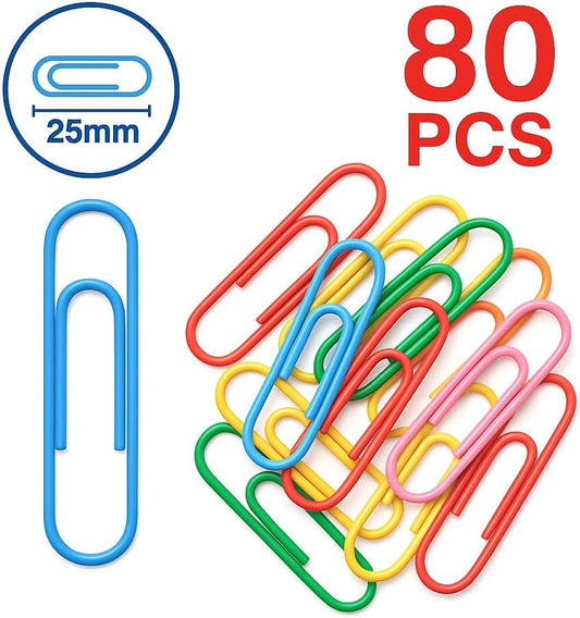 80 Pieces Plastic Coated 25mm Paper Clips, Assorted Colors