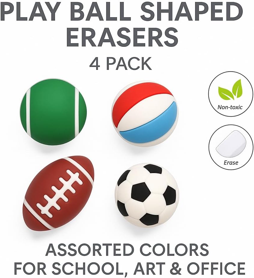 120 Pieces Play Ball Shaped Erasers 4 Pack Assorted Colors for School (Art & Office)