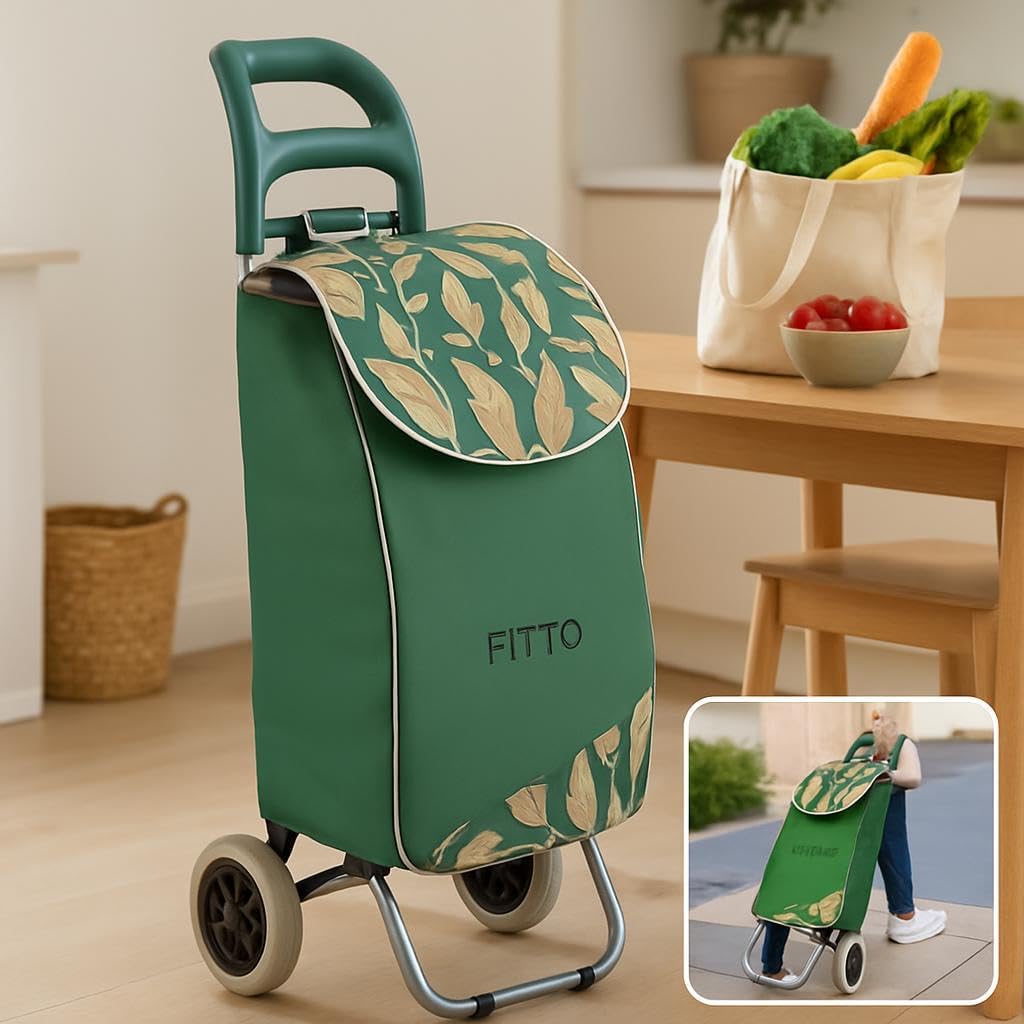 72 Pieces Fancy Shopping Trolleys with Wheels (Green Leaf Design – 36L Carbon Steel)