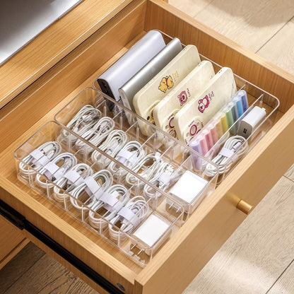 Small Transparent Data Cable Storage Box – Adjustable Compartments