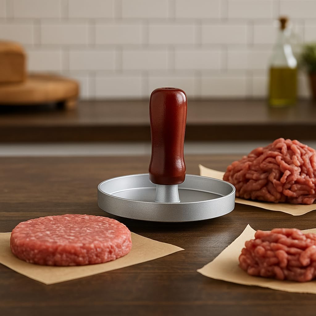 96 Pieces Double Hamburger Press (Round Shape - Silver Brown – Essential Kitchen & Grilling Gadget – Ribbed Surface for Searing Effect – Aluminum Burger Press with Detachable Handle for BBQ & Picnics)