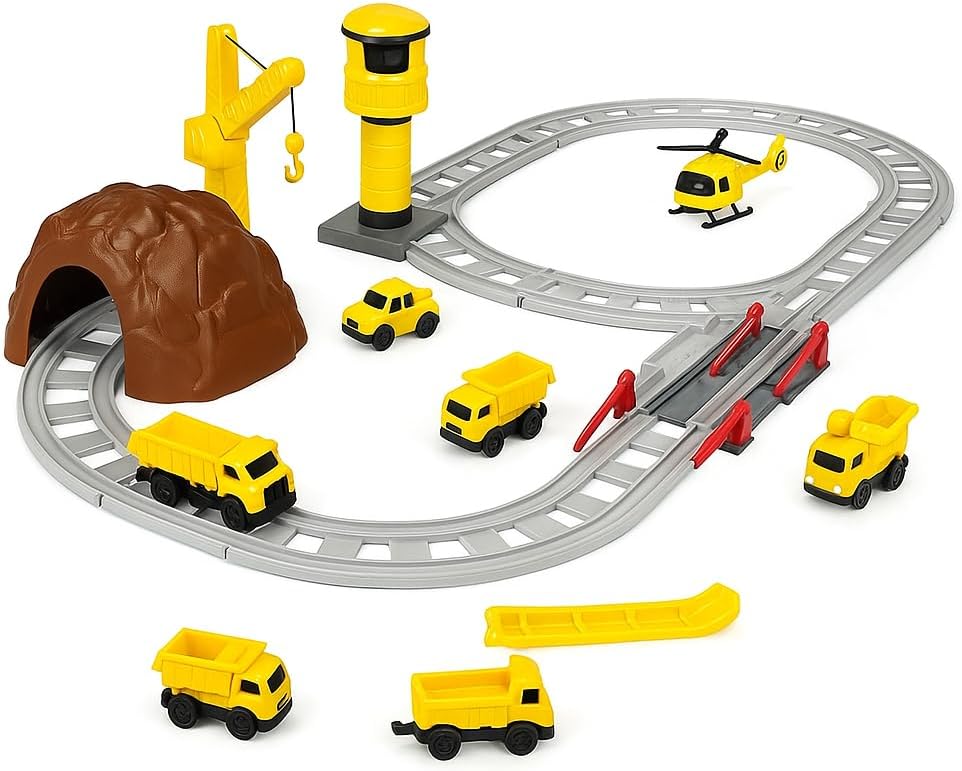 60 Pieces Kids Train Toy Playset - Bright Yellow Construction Trains with Service Vehicles (Tracks – and Crane - Perfect for Imaginative Play and STEM Learning)