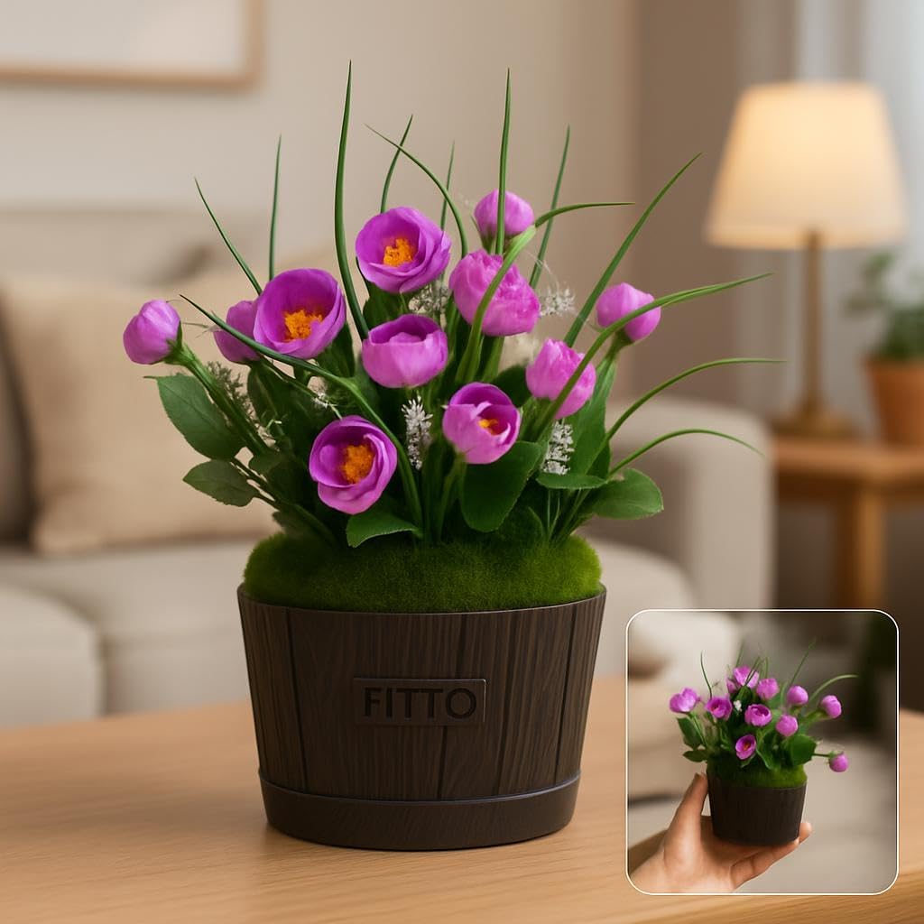 Purple Flower Arrangement with Yellow Centers in Decorative Wood-Look Pot