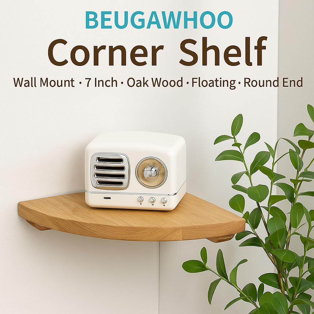 BEUGAWHOO Corner Shelf Wall Mount, 7inch, Oak Wood, Floating, Round End, Small Corner Nightstand, Plant Stand, For Kitchen Living Room Bedroom