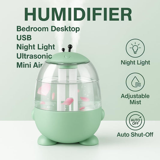Humidifiers, Bedroom Desktop, USB, Night Light, Ultrasonic Mini Air, Adjustable Mist, Auto Shut-off, Green