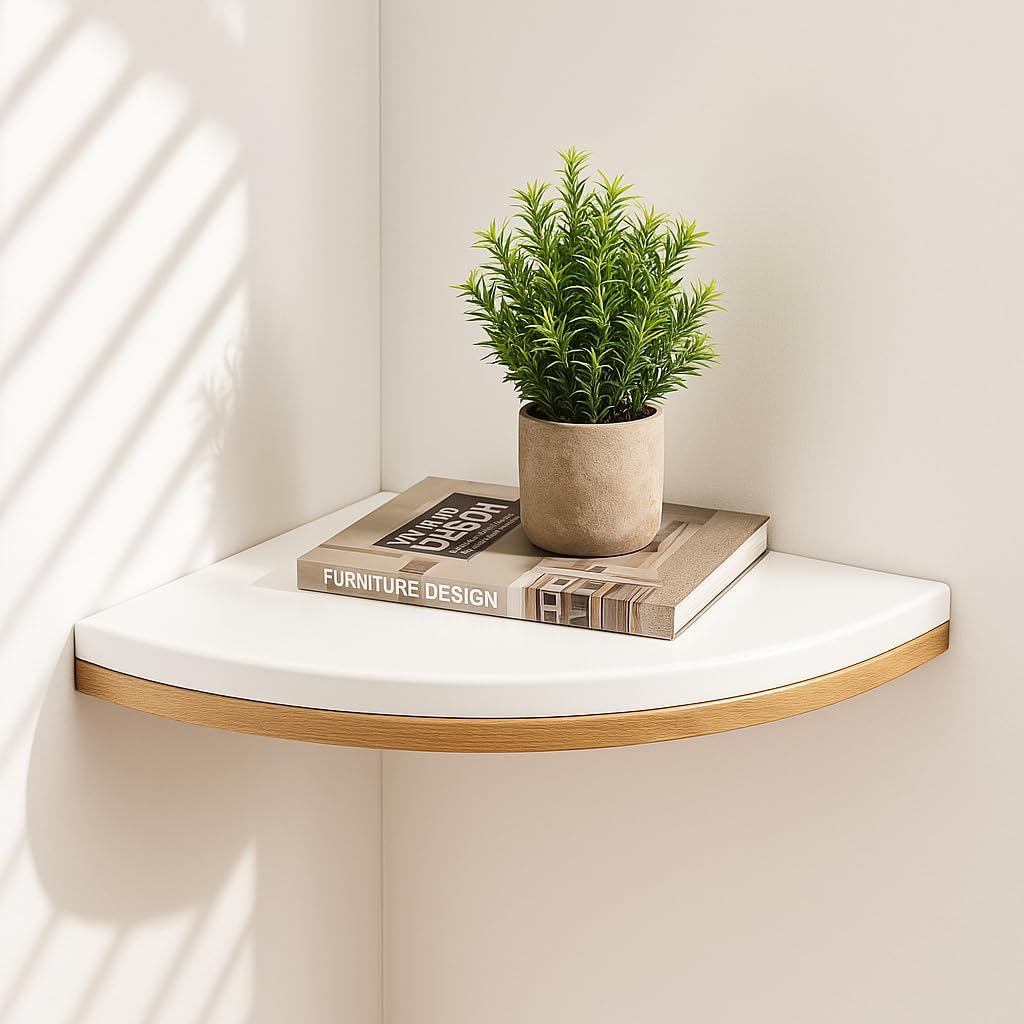 96 Pieces 12-Inch White Corner Floating Shelves (Wall-Mounted with Natural Oak Wood – Space-Saving Round End Design for Bedroom – Kitchen – and Living Room Storage)