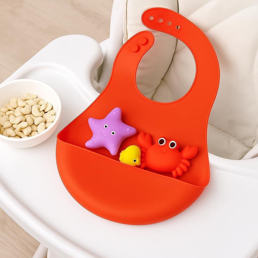 96 Pieces Waterproof Silicon Infant Bibs with 3 Bath Toys Practical and Essential Bibs For Mealtime and Playtime Baby Orange (One Size)