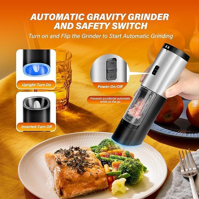 Gravity Electric Pepper Mill, Battery Operated, Automatic Salt Mill with Blue LED Light, One Handed Operation, Adjustable Coarseness, Silver