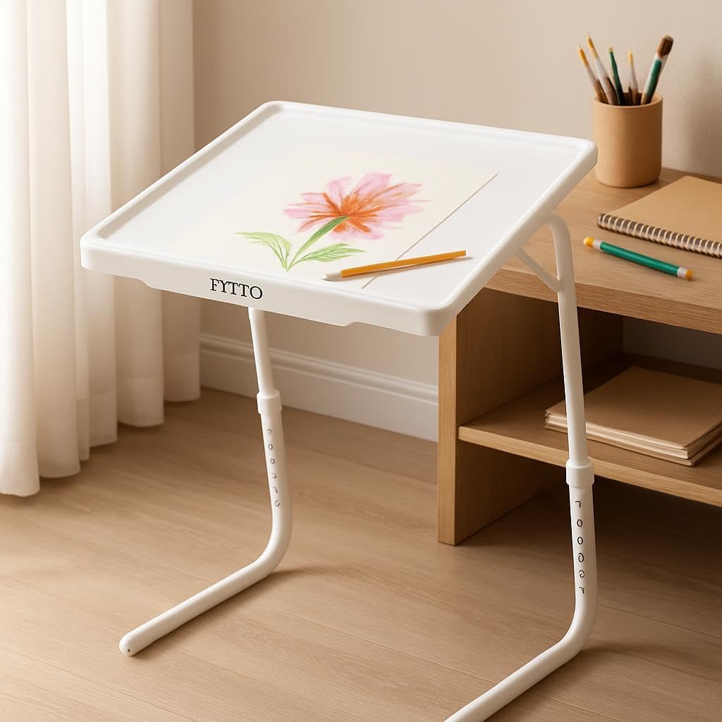 Table Mate II Laptop Table – Adjustable White Foldable Table with 6 Height Levels & 3 Angle Settings for Home, Office, and Study