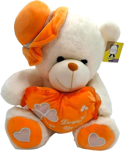 White & Orange Teddy Bear with Cap 35cm – Plush Toy for Kids, Caps & Cuddly Bear
