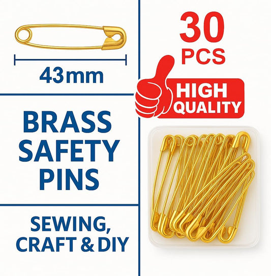 30 Pieces Brass Safety Pins 43mm - Sewing, Craft & DIY Hardware