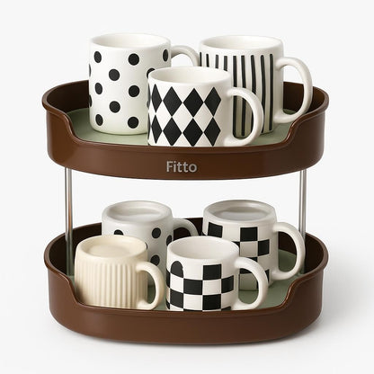 Double Layered Cup Storage Rack – Space-Saving Cream & Brown Design – 2-Tier PP & Stainless Steel