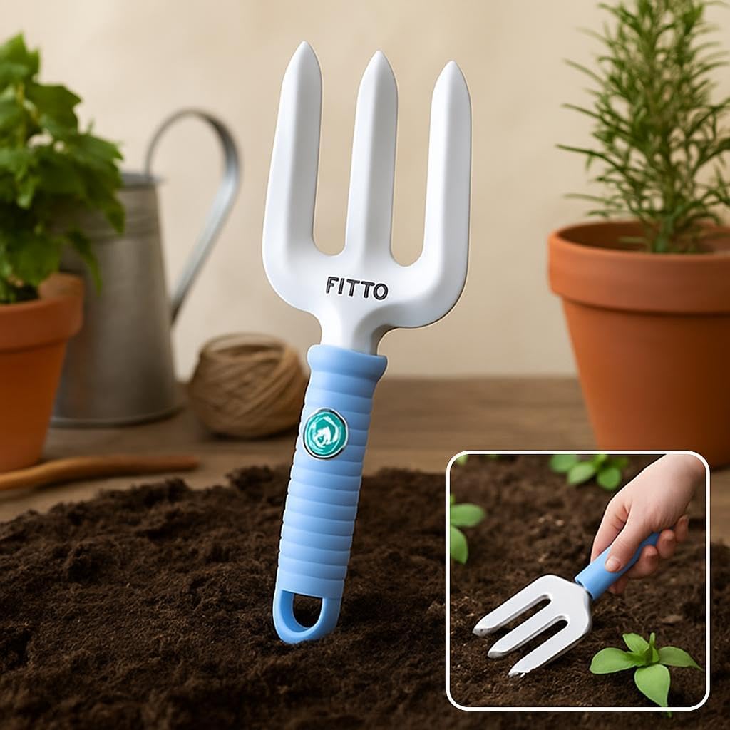 Small Three-Pronged Garden Fork with Textured Grip Handle