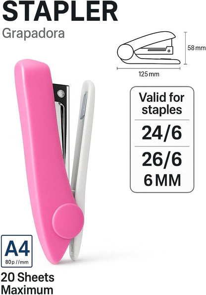 Pink 1 Piece Stapler for 24/6, 26/6 Size Pins Office Supplies
