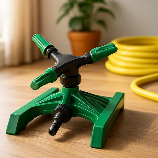 Green Plastic Lawn Sprinkler with Tripod Base and Adjustable Spray Arms