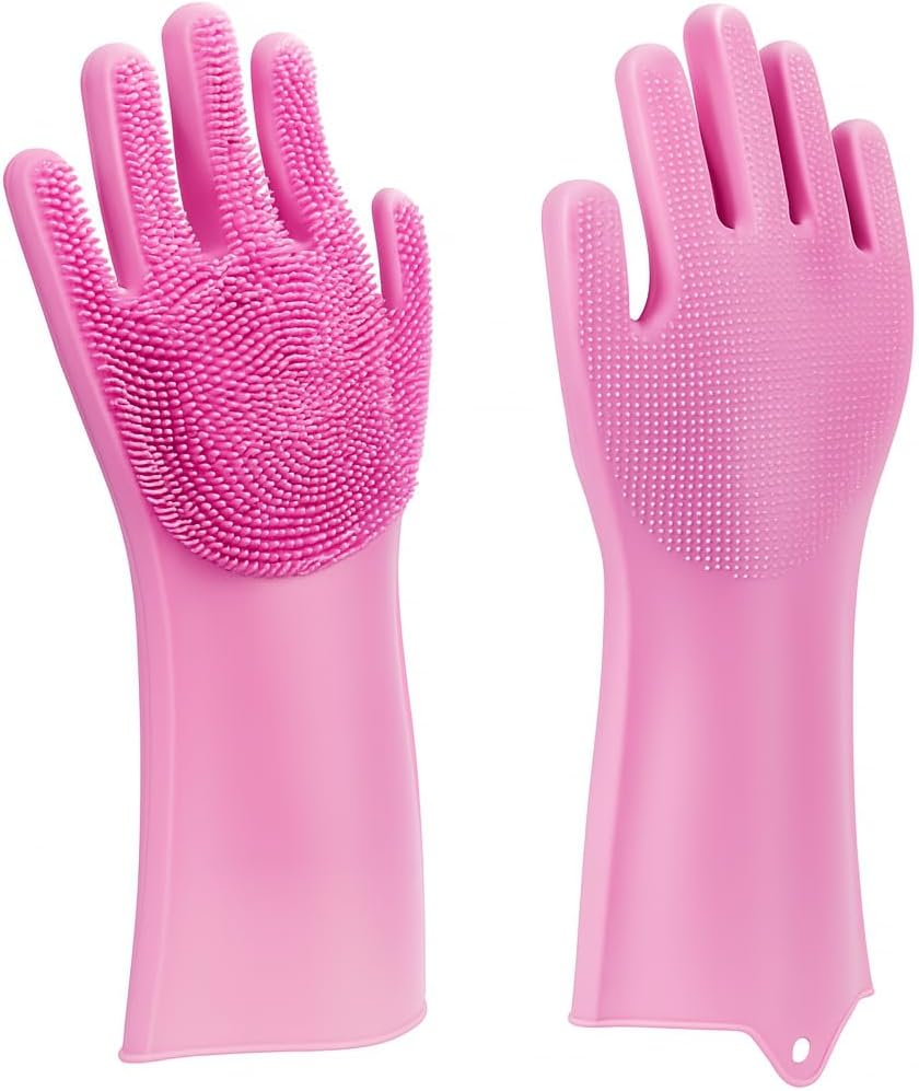 Silicone Non-Slip Dishwashing Gloves – Pink Magic Latex Scrubbing Gloves for Efficient Household Cleaning, Pet Grooming, and Hand Protection