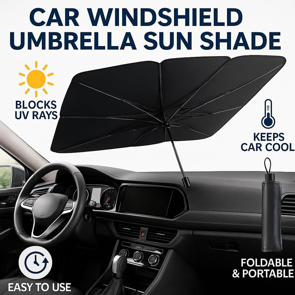 Car Windshield Sun Shade – UV Rays Protector, Foldable Reflector Umbrella Shield, Premium Heat Protection, Easy to Fold, Compact Design, Fits Most Vehicles