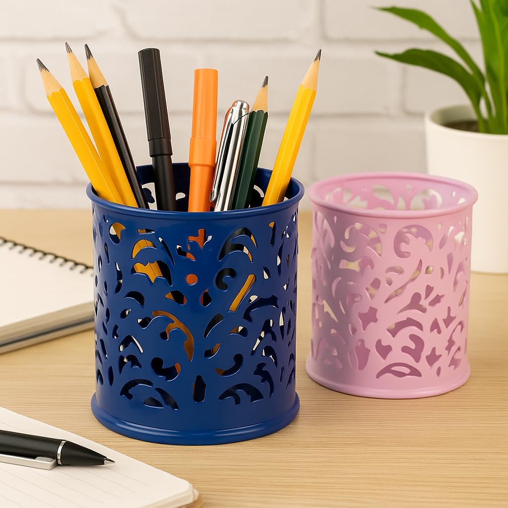 144 Pieces Blue Round Pen Holders (8x9cm – Desk Organizer & Stationery Holder)