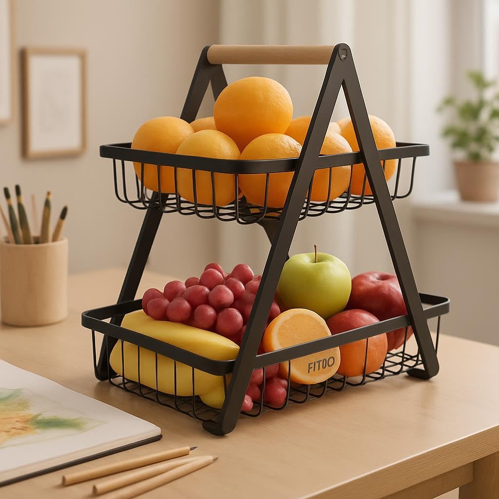 72 Pieces 2-Tier Countertop Fruit Basket Storages (Vegetable Rack – Black – Stylish and Space-Saving Design for Kitchen Organization – Fresh Produce Holder – Sturdy Metal Frame for Fruits & Veggies)