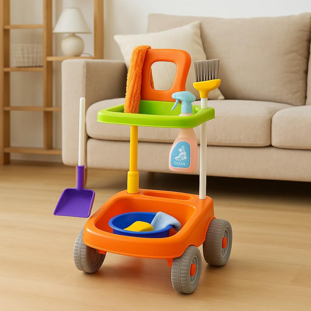 Kids Pretend Play Cleaning Set - Housekeeping Simulation Toy With Cleaning Cart, Robot Vacuum Cleaner, Broom, Dustpan, Brush, And Accessories