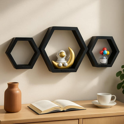 Hexagon Wall Shelves Set of 3, Black Floating Shelves for Home Decor