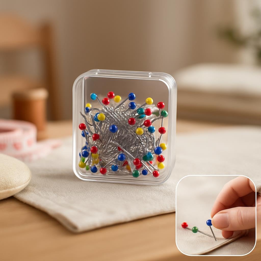 Sewing Pins for Fabric, Straight Pins with Colored Ball Glass Heads