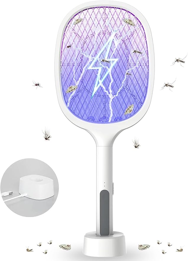 FITTO 3000V Electric Fly Swatter – 2-in-1 Dual Modes Mosquito Killer & Bug Zapper with USB Rechargeable Base – Powerful 3-Layer Safety Mesh for Home, Bedroom, Kitchen, Patio