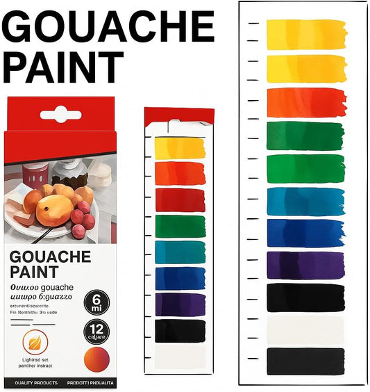 Gouache Paint Set, 12 Vibrant Colors, 6ml Tubes, Ideal for Artists, Students, and Hobbyists