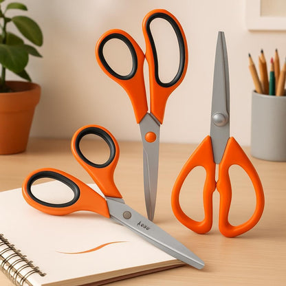 3-Piece All-Purpose Scissors Set – Includes 2 Comfort-Grip 8" Scissors for Office & Home Use + 1 Kitchen Scissor for Food Prep – Durable, Sharp, Right/Left-Handed – Orange