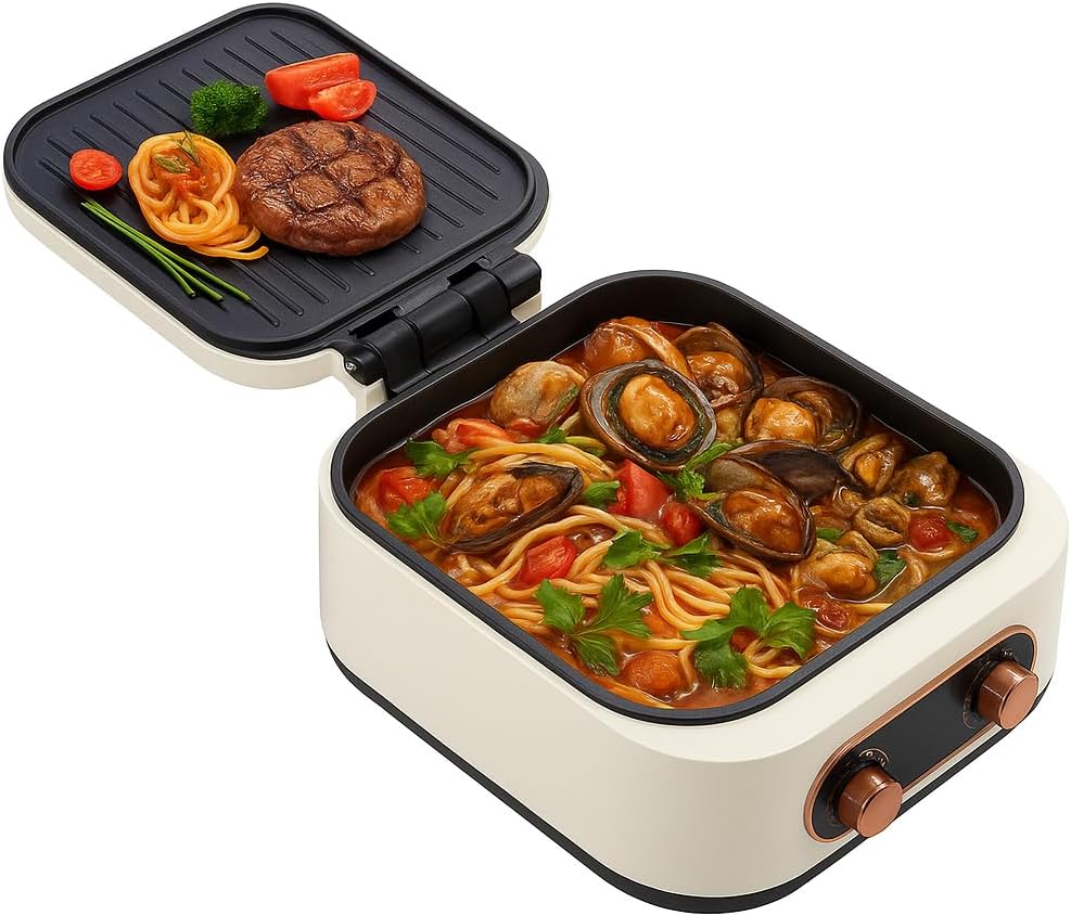 48 Pieces 1800W Electric Grill & Hot Pot Cookers with Non-Stick Baking Tray (White)