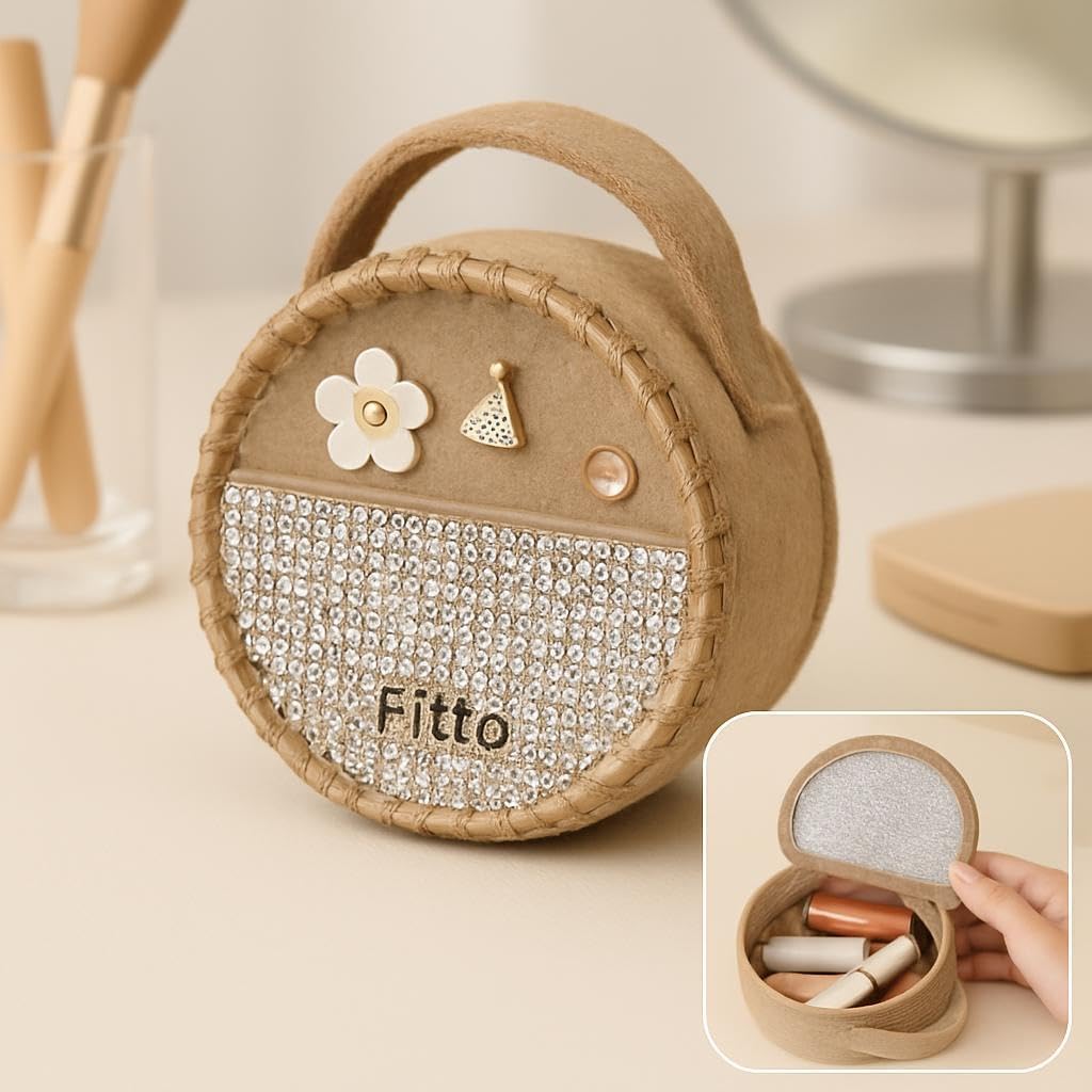 96 Pieces Small Round Wool Makeup Bags with Handle - Light Brown Portable Travel Organizer