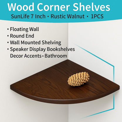 Wood Corner Shelves, Sunlife 7 inch, Rustic Walnut, 1PCS, Floating Wall, Round End, Wall Mounted Shelving, Speaker Display Bookshelves, Decor Accents, Bathroom
