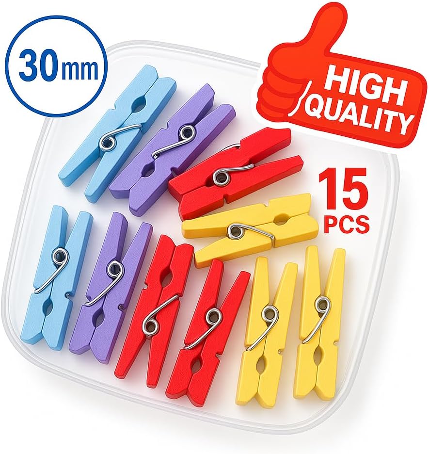 15 Pieces Cloth Pins with Spring 30mm Assorted Color