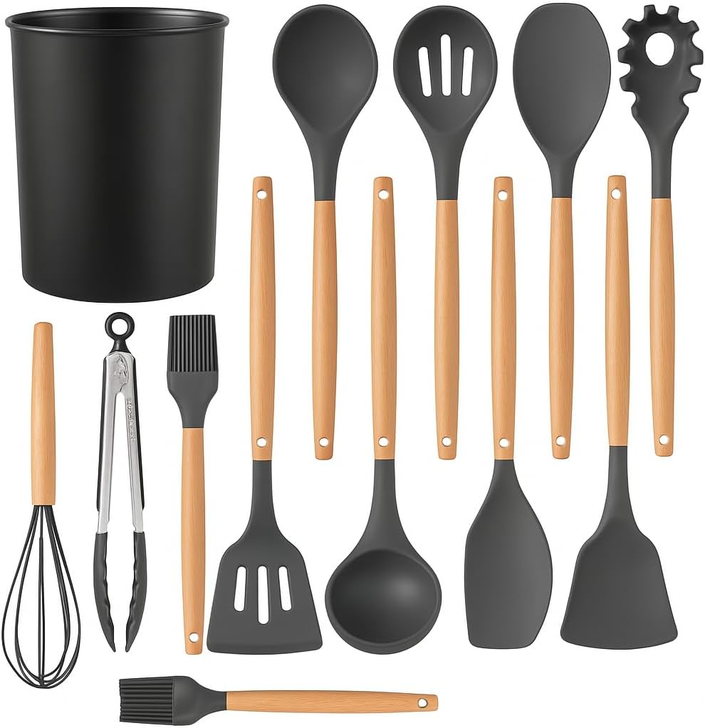 72 Pieces 12 Pieces Silicone Cooking Utensils Set - Non-Sticks (Heat Resistant – BPA-Free Kitchen Tools with Wooden Handles for Cooking – Baking – and Frying - Durable – Easy to Clean Utensil Set)