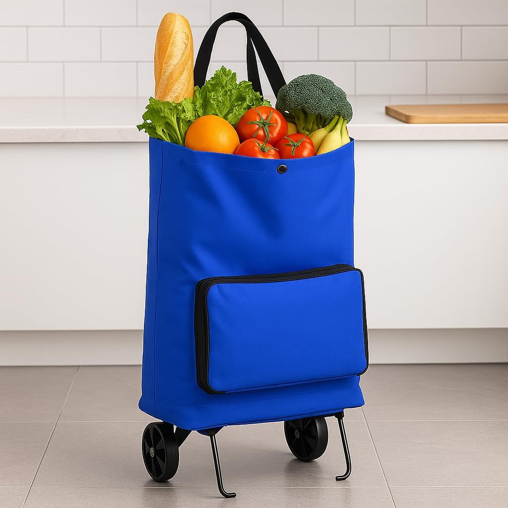 96 Pieces Blue Shopping Bags with Wheels (Large Capacity Rolling Grocery Cart – Foldable & Lightweight – Durable – Ideal for Shopping – Travel – and Outdoor Use)