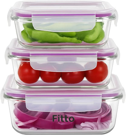 3Pcs Microwave Glass Storage Set with Lid (400ml, 640ml, 1040ml)